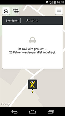 Screenshot myTaxi App Köln, Suche nach Taxis