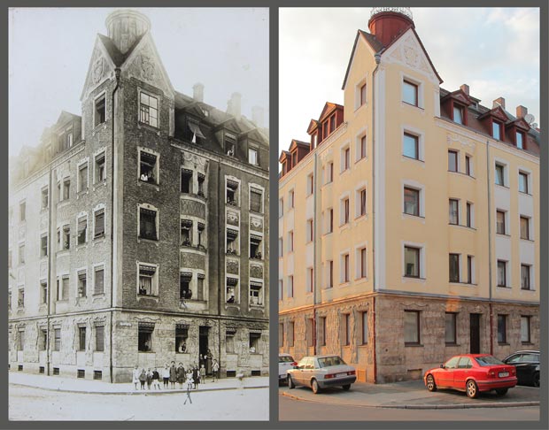 Das Eckhaus Heinrichstraße 8, aufgenommen zwischen 1909 und 1917 beziehungsweise 2016