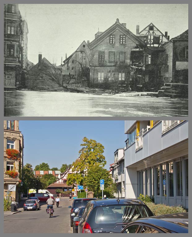 Blick von der Praterstraße gegen Westen auf die Kleinweidenmühle, 1909 und 2016.