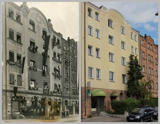 Blick um die Ecke: Die Häuser Schoppershofstraße 16 und 18 – aufgenommen 1933 und 2017 – zeigen, wie unterschiedlich mit dem prächtigen Fassadenschmuck verfahren wurde.