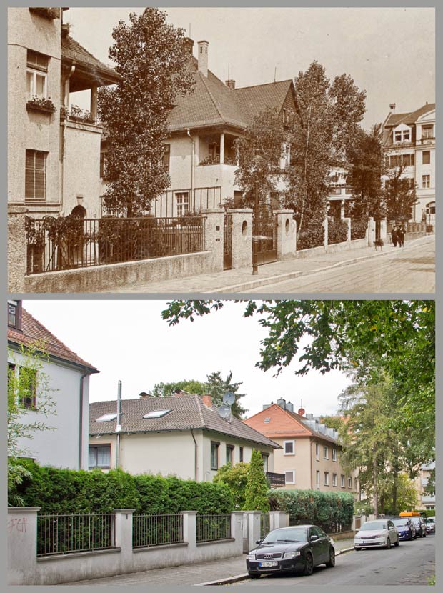 Die Häuser Tiergartenstraße, heute Parstifalstraße, Nummer 40, 38, 36 und 26, aufgenommen zwischen 1912 und 1914 und 2017.