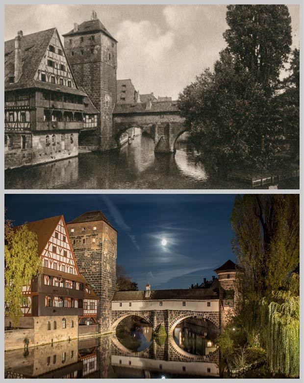 Weinstadel, Wasserturm und Henkerhaus, aufgenommen um 1925 und 2016.