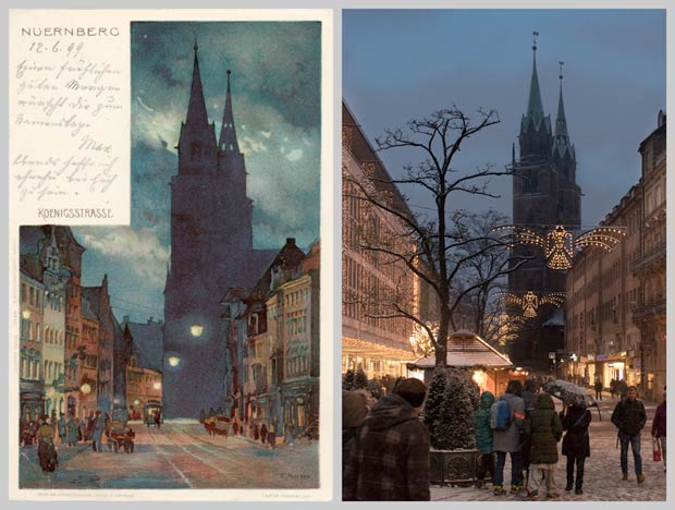 Die Königstraße, von der Einmündung des Weikertsgäßchens nach Norden zur Lorenzkirche gesehen, im Bild festgehalten 1896 und 2017.