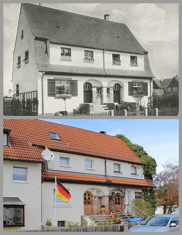 Das Doppelhaus Zum Felsenkeller 2-4, aufgenommen 1920 und 2016.