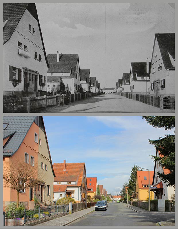 Die Straße Zum Felsenkeller, 1920 und 2016 von der Einmündung Waldherrenstraße gegen Osten gesehen.