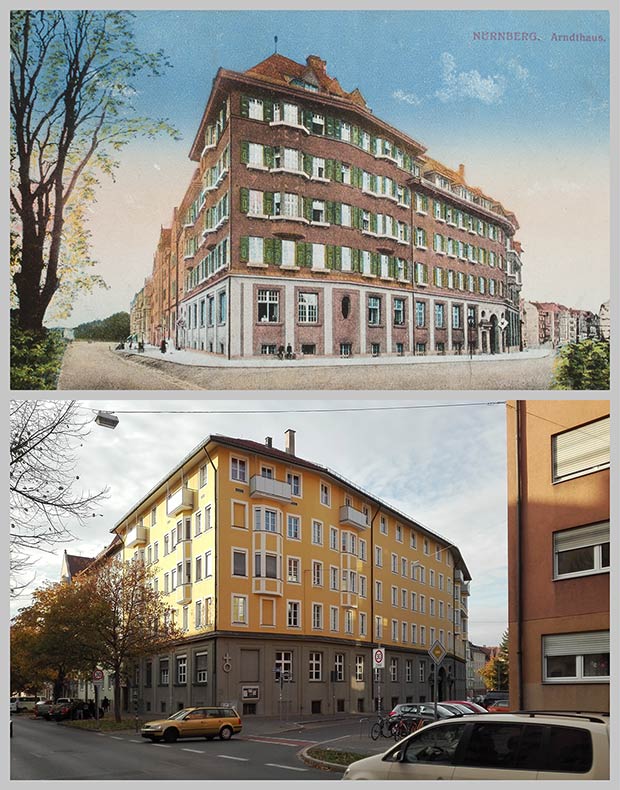 Das Arndthaus an der Ecke Hummelsteiner Weg und Gudrunstraße, aufgenommen zwischen 1914 und 1918 und 2018.